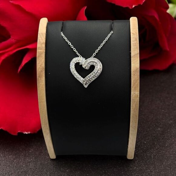 Silver CZ Heart Necklace Channel Set Baguette Open Heart Pendant Sparkly Pave - Picture 5 of 11